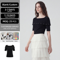 Blusa de Verano para Mujer, Corte Ajustado, Transpirable, Cuello Cuadrado, Viscosa/Poliéster, Elegante, Manga Corta, Tejido de Punto