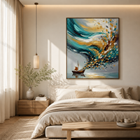 Tableau mural abstrait de voilier en turquoise éclatant encadré or, style impasto, décor Océan Éclatant pour complexe balnéaire et villa de plage