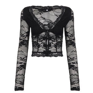 Top sexy de verano con encaje y cuello en V, transparente, de malla, para mujer - Product Image 6