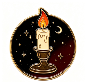 Pin Metálico Circular Bañado en Oro con Diseño de Vela y Estrellas Esmaltadas para Coleccionismo Artístico - Product Image 1