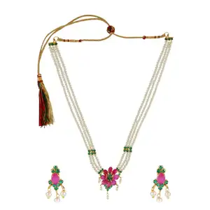 Indian Jewellery Manufactures Faux Pearl Crystal Bridal Strand Necklace Earrings Set Indian Traditional Jewelry, Multicolor