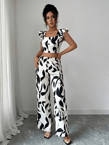 2026 Summer Women's 2 Piece Set Leaf Print Ruffle Sleeve Crop Top High Waist Wide Leg <strong>Pants</strong> Casual Outfit Wholesale - Product Image 5