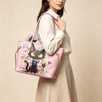 Sac fourre-tout rose à imprimé graffiti chat noir, sac à main pour femme avec mini pochette, grande capacité, vente en gros d'usine, personnalisable