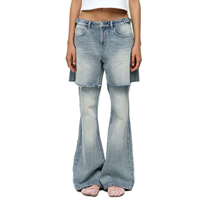 Pantalon en jean pour femme Designer 26SS, design jupe faux deux pièces avec coutures, taille mi-haute, coupe droite sexy, pour un usage quotidien décontracté - Product Image 1