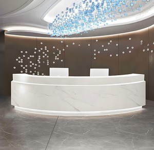 B055 Bureau <span class=keywords><strong>de</strong></span> réception moderne minimaliste en marbre, design arrondi, accent en bois, finition peinture piano, durable, hôtel, hôpital, école - Product Image 5