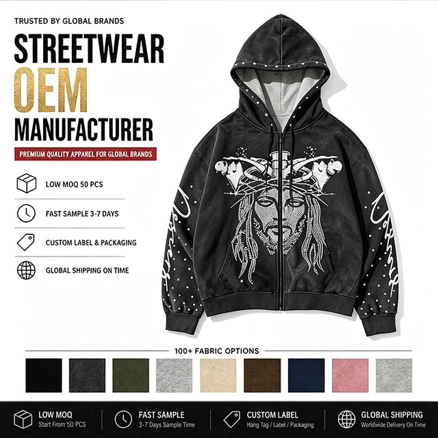 Custom Men's Y2k Zip Up Hoodie Rhinestone Sparkly Graphic Hooded Sweatshirt Jacket Grunge Streetwear Clothing Manufacturer