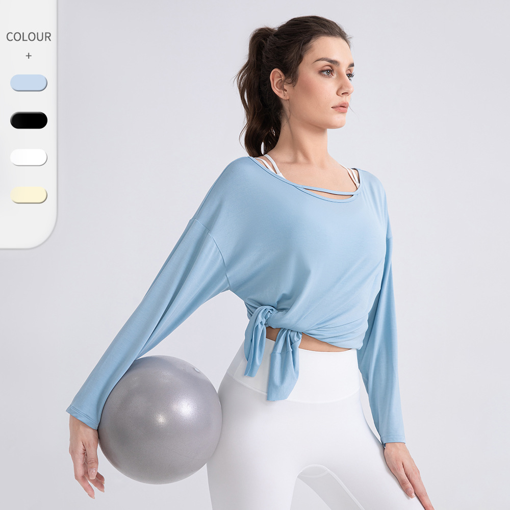 Modal Spandex Women's V-Neck Long-Sleeved Blouse Breathable Loose-Fitting Solid Wrinkle-Resistant Sports Top Pilates Training
