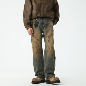 Vintage Distress Stone Wash Blue Straight Jeans Herren High Street Fashion Baggy <span class=keywords><strong>Denim</strong></span> Jeans Benutzer definierte Herren Whisker Designer Jeans