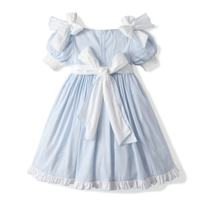 Robe d'été en coton et lin pour bébé fille, style anglais, coupe trapèze, manches bouffantes, col carré, perles unies, respirante et lavable, vente en gros - Product Image 2