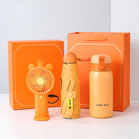 Ensemble cadeau d'été 3 en 1 Lunaire avec logo personnalisé, ventilateur, parapluie, bouteille avec boîte cadeau de luxe, parfaits pour les cadeaux de mariage pour les invités