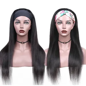 Rambut Manusia Buatan Penuh Mesin Brasil Warna Hitam Ikat Kepala Wig Bob Pendek