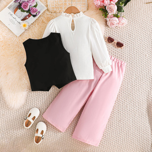 Conjunto Casual de 3 Piezas para Niñas, Moderno y Cómodo, Top con Mangas Abullonadas, Chaleco con Flores 3D, Pantalones Transpirables, para Fiestas de Otoño - Product Image 3