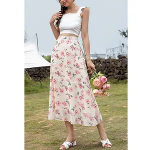 Women elegant skirt suits Summer High waist skirt for women Zipper Chiffon Printed skirt