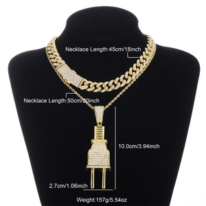 Hip Hop Icy Bling Choker Necklace Jewelry Set Men's Iced Out Gold Plated Rhinestone Diamond <strong>Plug</strong> Pendant With Cuban Link <strong>CHAIN</strong> - Product Image 5
