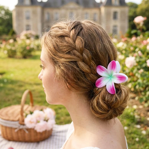 Pince à cheveux fleur de frangipanier 8 cm style Cottagecore, en résine brillante opaque, effet aérographe, plate, confortable, en plastique, pour fête - Product Image 2