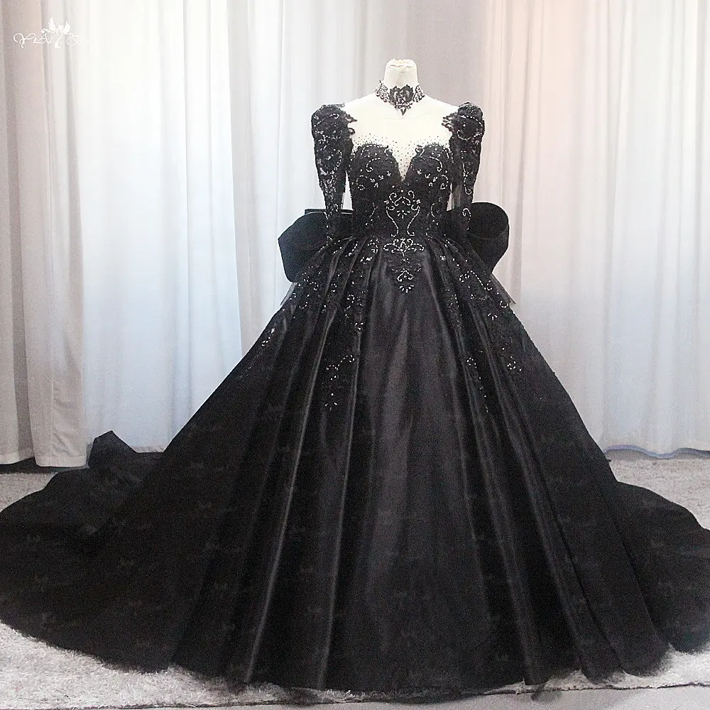 LZ521 Custom Made Gothic Black Ball Gown Long Sleeve Luxury Bead Shiny Crystal Wedding Dress Halloween Satin Dress With Big Bow