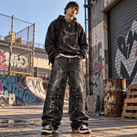 Jeans Baggy Noirs Personnalisés pour Hommes, Coupe Large, Effet Délavé, Panneaux Patchwork, Cloutés, Style Moto Streetwear, Pantalon en Denim, Vente en Gros B2B OEM