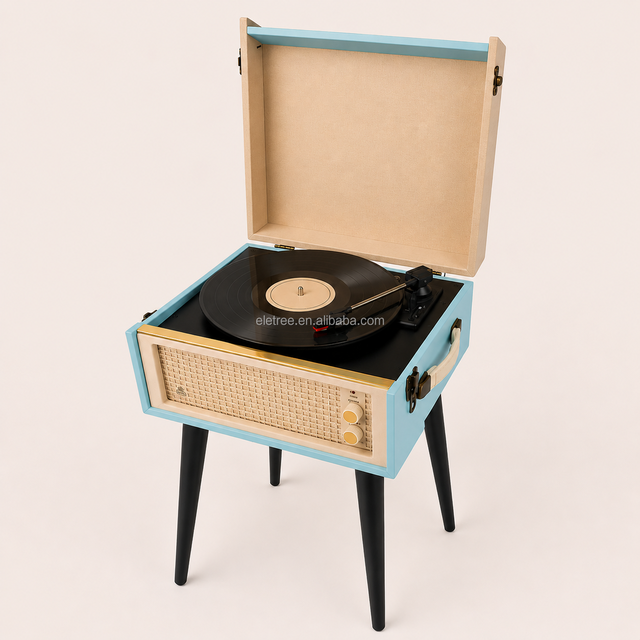 ELETREE Retro BT Vinyl Record Player with Wooden Legs and Portable Suitcase Design