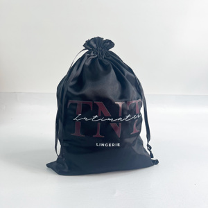ถุงผ้าซาตินสีดำหรูหราพร้อมเชือกผูก - ถุงผ้าซาตินพิมพ์โลโก้ตามสั่งสำหรับบรรจุภัณฑ์ชุดชั้นในและอุปกรณ์จัดแต่งทรงผม - Product Image 1