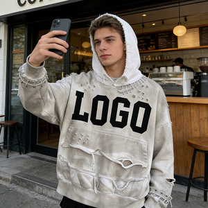 Felpa con Cappuccio da Uomo Personalizzata con Logo, Design Streetwear Pesante 450GSM, Taglio Distressed, Oversize, 100% Cotone, Effetto Lavaggio Acido - Product Image 6