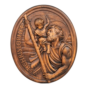 Plaque en <span class=keywords><strong>bois</strong></span> sculptée à la main de Saint <span class=keywords><strong>Christophe</strong></span>, décoration murale catholique rustique ovale pour la maison ou l'église - Product Image 1