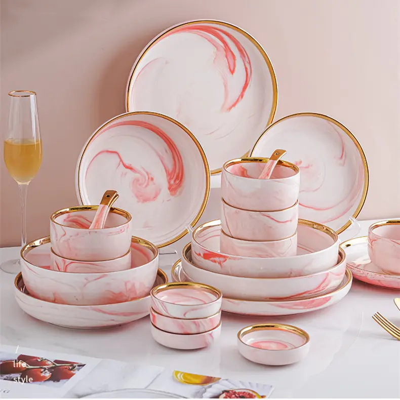 Luxury Tableware Set 32pcs Nordic Porcelain Ceramic Dinnerware Kitchen Gold Rim Bowl Plate Dish Sets with Gift Box
