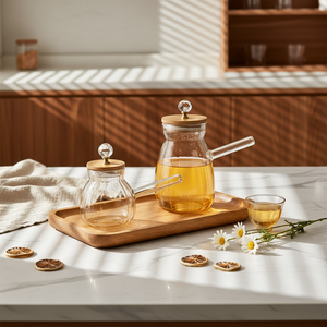 Théière en verre ambré avec couvercle en bambou et bouton en cristal, bouilloire en verre borosilicate côtelé compatible induction - Product Image 1