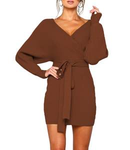 Femmes Sexy <span class=keywords><strong>Cocktail</strong></span> Batwing Manches Longues Dos Nu Mock Wrap Pull En Tricot Mini <span class=keywords><strong>Robe</strong></span> - Product Image 2