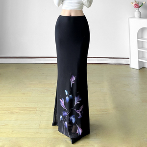 กระโปรงแม็กซี่ทรงเมอร์เมดพิมพ์ลายดอกไม้แบบอินค์วอชเอวสูง กระโปรงตาข่ายสองชั้น เซ็กซี่และสง่างาม - Product Image 4