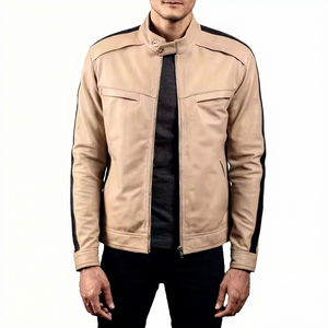 Chaqueta de Cuero Beige Auténtico para Hombre, Cuello con Broches, Manga con Raya Negra, Estilo Café Racer, Personalizada, Vintage, Ropa de Invierno - Product Image 1