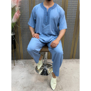 Elegant Handmade Moroccan <b>Men</b> Short Sleeve Jabador <b>Thobe</b> Islamic Traditional Lounge Casual Dress - Product Image 2