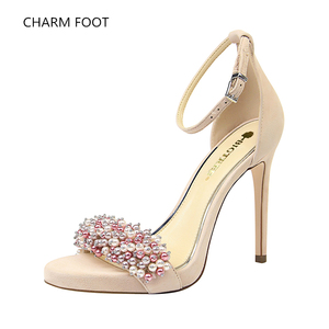 <span class=keywords><strong>Sandalias</strong></span> de tacón superalto para banquete, zapatos sexys de estilo europeo y americano, con <span class=keywords><strong>plataforma</strong></span> impermeable, con diamantes de imitación y perlas de ante - Product Image 2