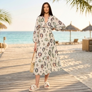 Vestido Maxi Holgado de Estilo Bohemio para Mujer, Estampado de Acuarela Verde, Cuello en V, Manga Larga, para Vacaciones de Verano - Product Image 1