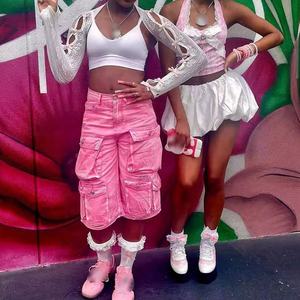 2024 Y2k Streetwear Shorts para mujer Vintage Washed Jeans Cargo tres cuartos <span class=keywords><strong>Carmen</strong></span> Pink Stretch Cargo Denim Jorts Pantalones Mujer - Product Image 3