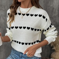 Pull en tricot à motif cœur pour femme, col rond, manches longues, pull ample, haut en tricot décontracté pour tous les jours, automne-hiver