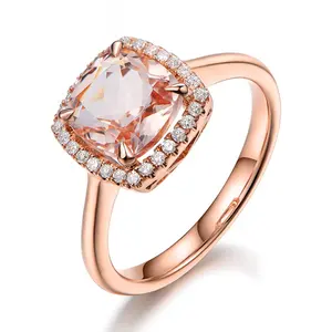 925 Sterling Silver Jewelry CZ Diamond Rose Gold Plated Cushion Cut Morganite Engagement Halo Ring