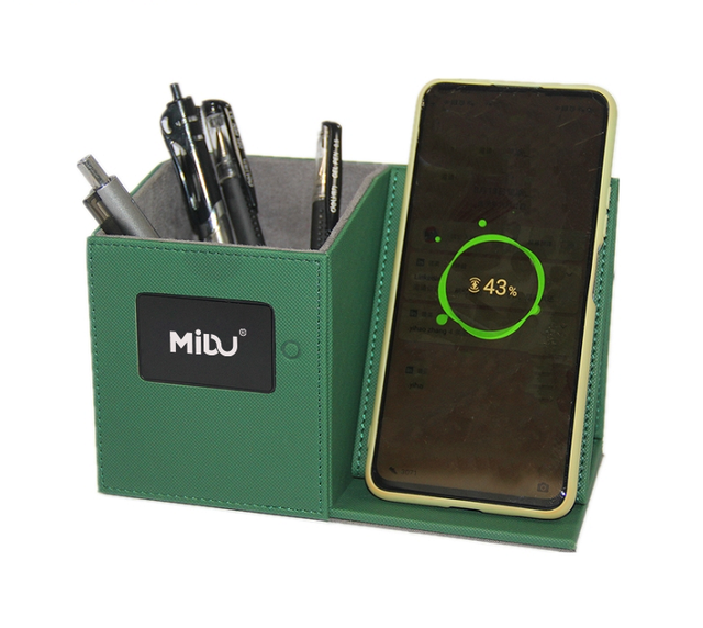 New Smart Office Gadgets Pen Holder Wireless Charger Leather Desk Organizer