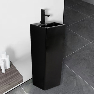 Lavabo de pedestal integrado de cerámica negro brillante INTAI con un solo orificio para patio exterior - Product Image 3