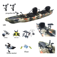 Kayak de pêche à pédales 2 places de 14 pieds, coque en PE, pliable, léger, écologique, pour usage en eau vive, PC