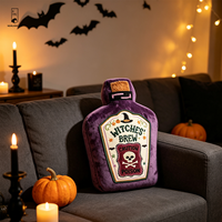 Coussin en peluche doux en forme de bouteille de potion de sorcière violette avec étiquette brodée, décoration d'Halloween pour la maison