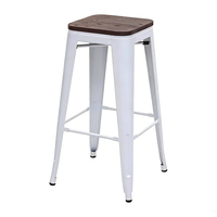 Tabouret industriel en métal blanc avec assise en bois, empilable, avec repose-pieds, chaise de bar pour café et restaurant