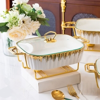 Plat de service en céramique blanc doré pour salade de fruits, fruits de mer, réchaud alimentaire avec support, buffet de mariage, vaisselle de restaurant