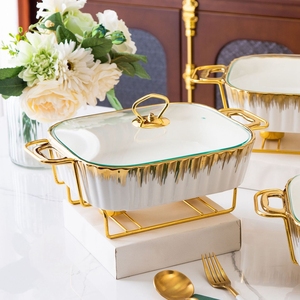 Plat de service en céramique <span class=keywords><strong>blanc</strong></span> <span class=keywords><strong>doré</strong></span> pour salade de fruits, fruits de mer, réchaud alimentaire avec support, buffet de mariage, <span class=keywords><strong>vaisselle</strong></span> de restaurant - Product Image 2