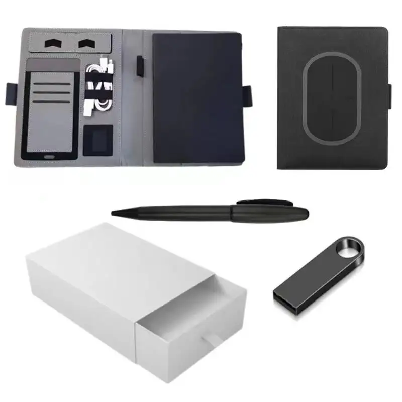 Set regalo aziendale aziendale esecutivo cartella per Notebook Powerbank A5 da 8000mAh con caricabatterie Wireless + penna in metallo + USB da 32GB