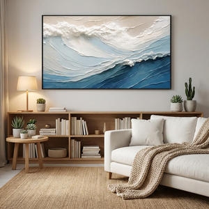 Pintura al Óleo Moderna Azul y Blanca con Textura Ondulada Minimalista, Arte Decorativo en Lienzo, Paisaje Marino Abstracto, Naturaleza Muerta, Cuadro para Colgar - Product Image 1