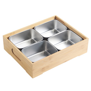 Bamboo Eight Compartment Tray With Stainless Steel Inserts For Hot Pot Serving And Food Presentation - Product Image 5