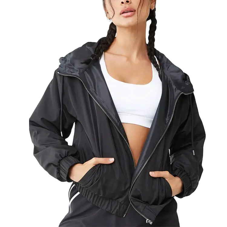 OEM custom logo black crop top hoodie jacket waterproof fashion activewear lightweight womens jackets and sweaters