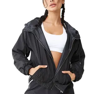 OEM custom logo black crop top hoodie jacket waterproof fashion activewear lightweight womens jackets and sweaters