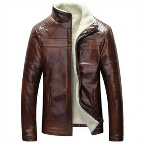 Men's <b>Brown</b> PU <b>Leather</b> <b>Jacket</b> With Faux Fur Lining Stand Collar Moto Biker Style Windproof Winter Coat Zipper Closure Wholesale - Product Image 1