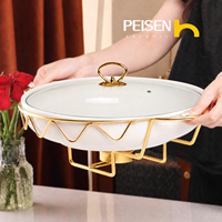 Plat de service rond en céramique blanche avec couvercle en verre, support doré, chauffe-plat à brûleur unique pour buffet de mariage et traiteur